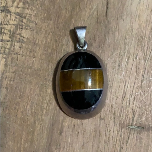 Vintage Sterling Silver Black Onyx & Tigers Eye Inlay Alicia Pendant - Picture 11 of 15